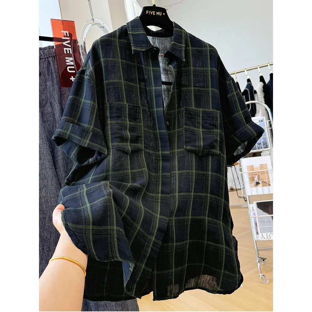 高端亚麻复古撞色格子翻领短袖衬衫夏季宽松休闲2-300斤大码男士