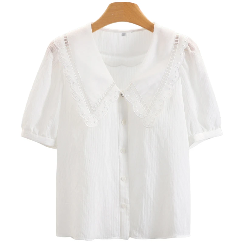 F1660-【飘】大翻领宽松纯色短袖百搭衬衫#YPL56S020