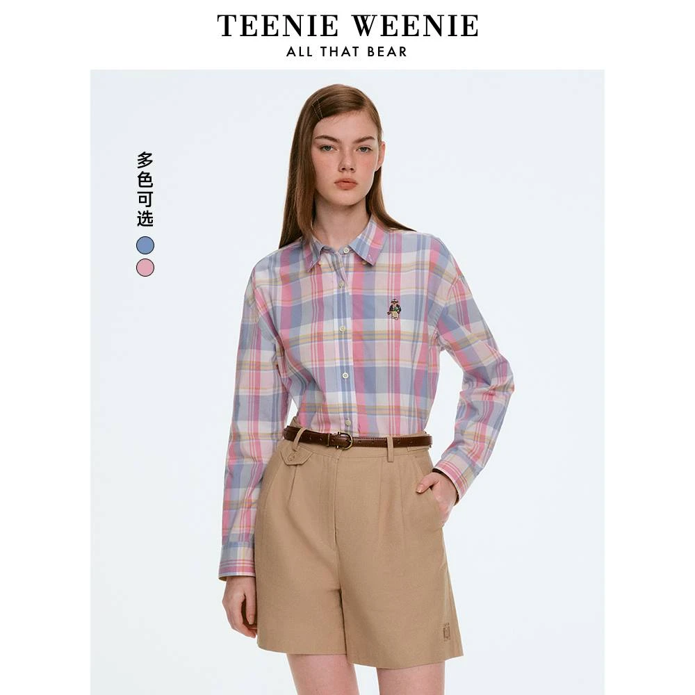 TeenieWeenie小熊25春季新款休闲学院格子落肩衬衫女TTYC255201I