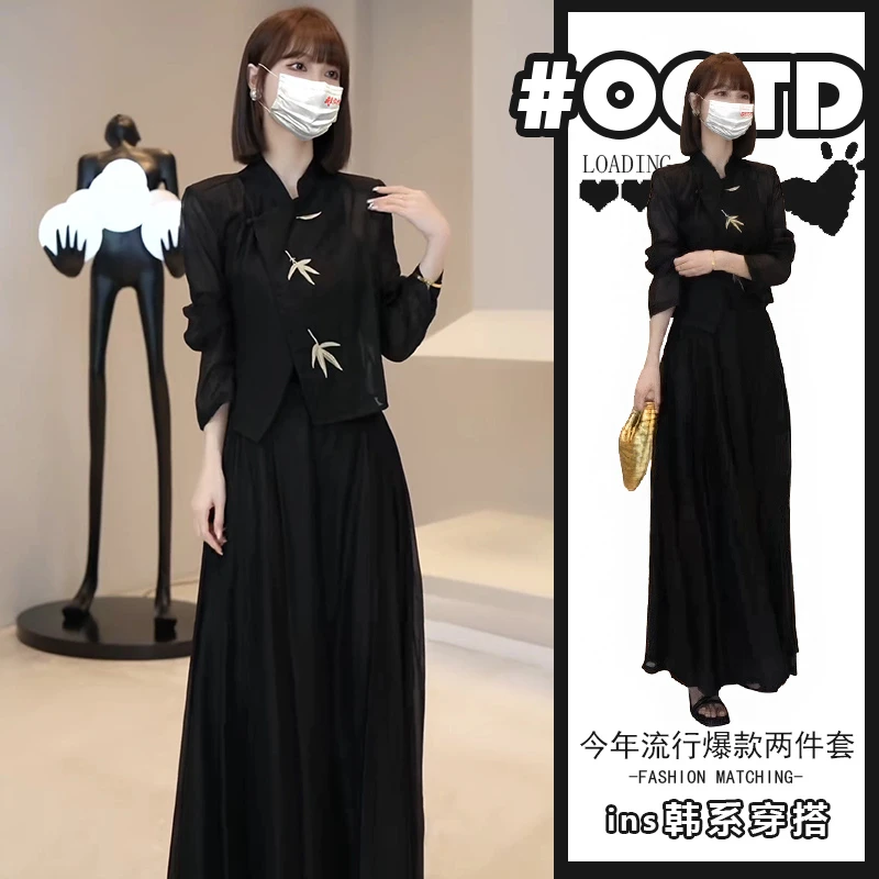 2025夏季新中式别致两件套中国风气质盘扣减龄衬衫复古高腰半身裙