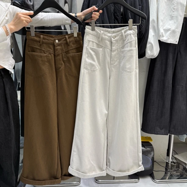 秋冬女士复古阔腿牛仔裤高腰宽松显瘦直筒垂感拖地裤