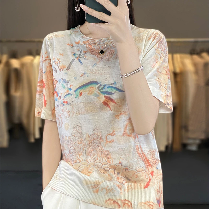 超细水溶羊毛针织衫圆领防晒衫数码印花打底衫