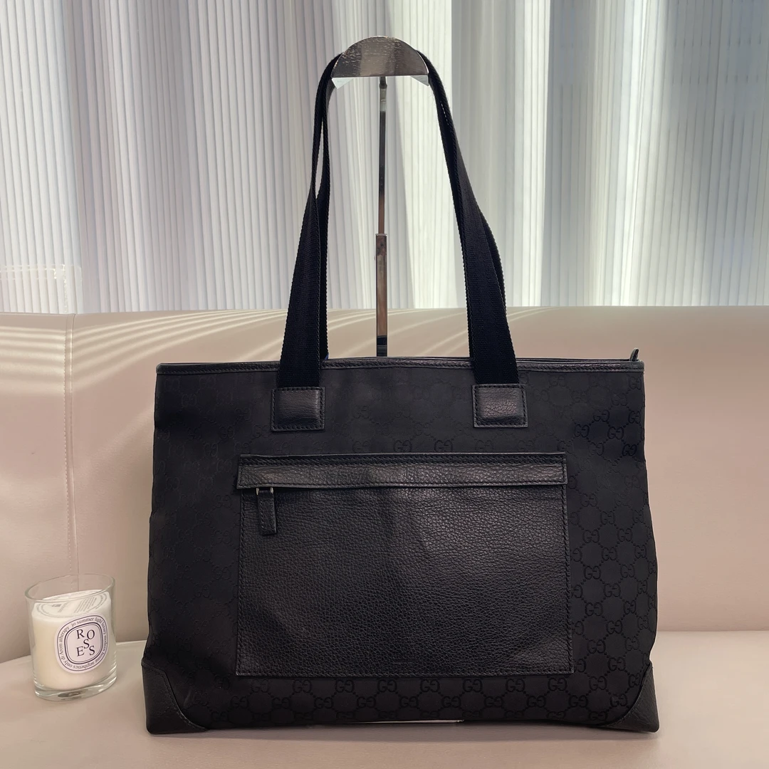 95新 GUCCI/古驰 古驰帆布拼皮黑色老花托单肩包