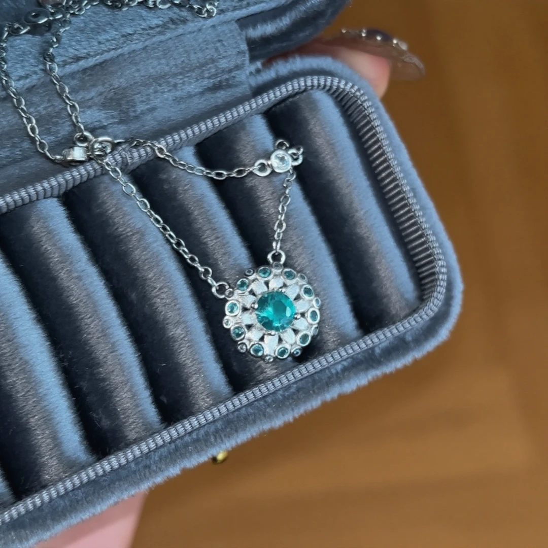 铜合金项链 夏日蓝锆石拉丝太阳花项链