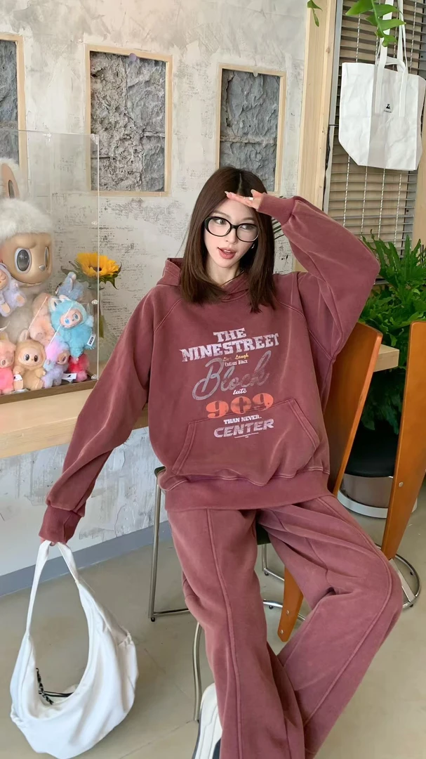 0439【秋季新款】做旧印花多排字母数字909砂洗做旧连帽卫衣（6292）