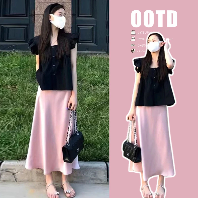 现货2025孕妇装新款夏季遮肚无袖娃娃领黑色上衣粉色托腹半身裙