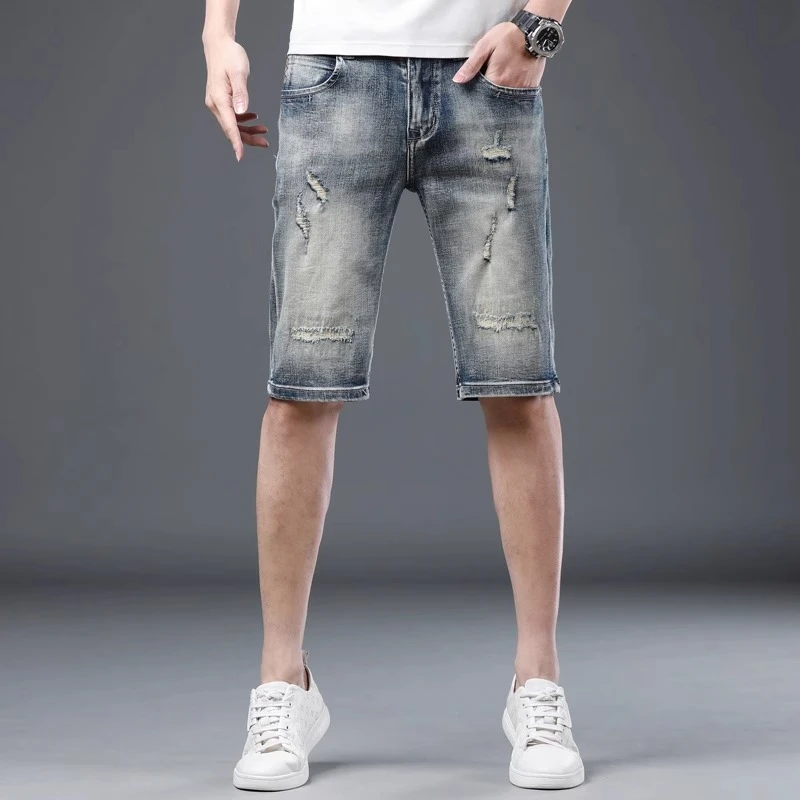 One What夏季新款高端复古破洞牛仔短裤男轻奢潮牌韩版潮流马裤