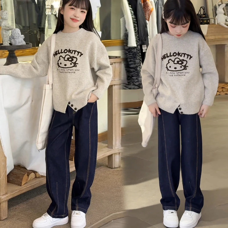 女童牛仔裤秋冬新款加厚毛衣中大童加绒弯刀裤一体绒直筒阔腿裤潮