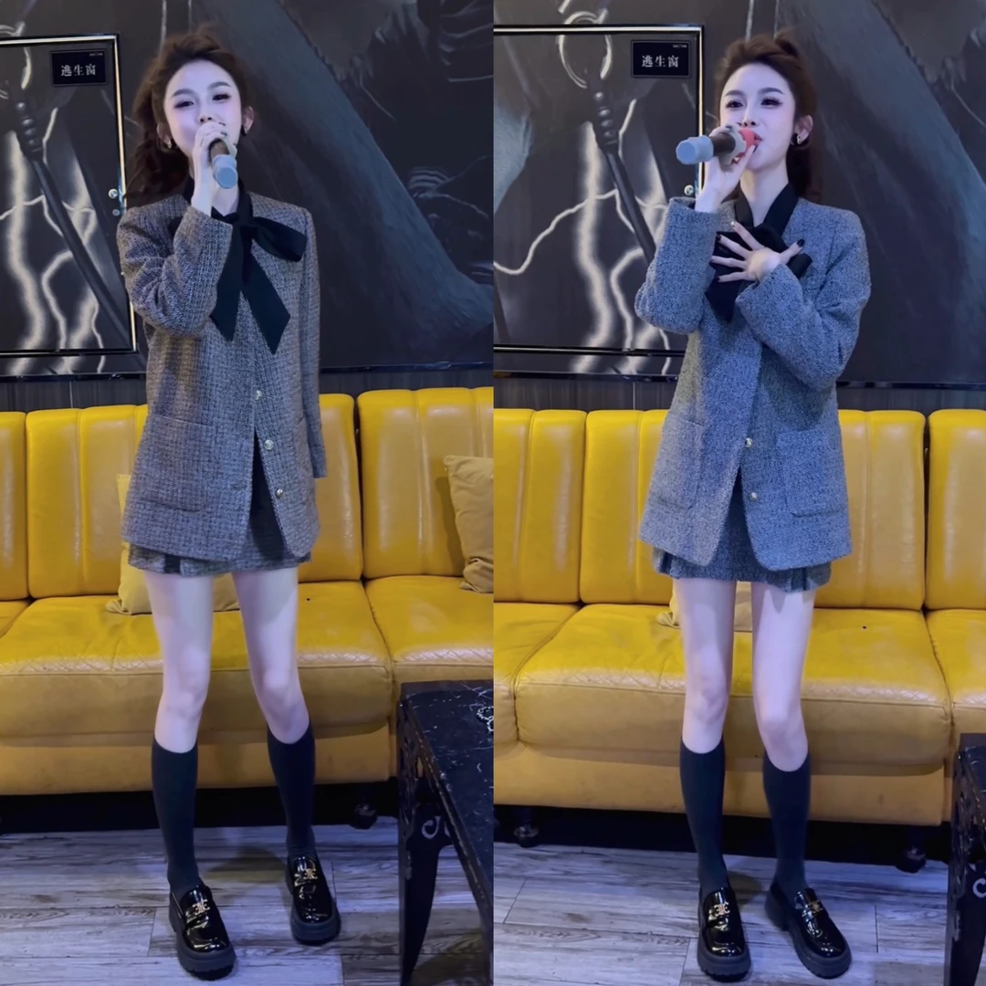 冬季新款蝴蝶结小香风外套+高腰短裙两件套