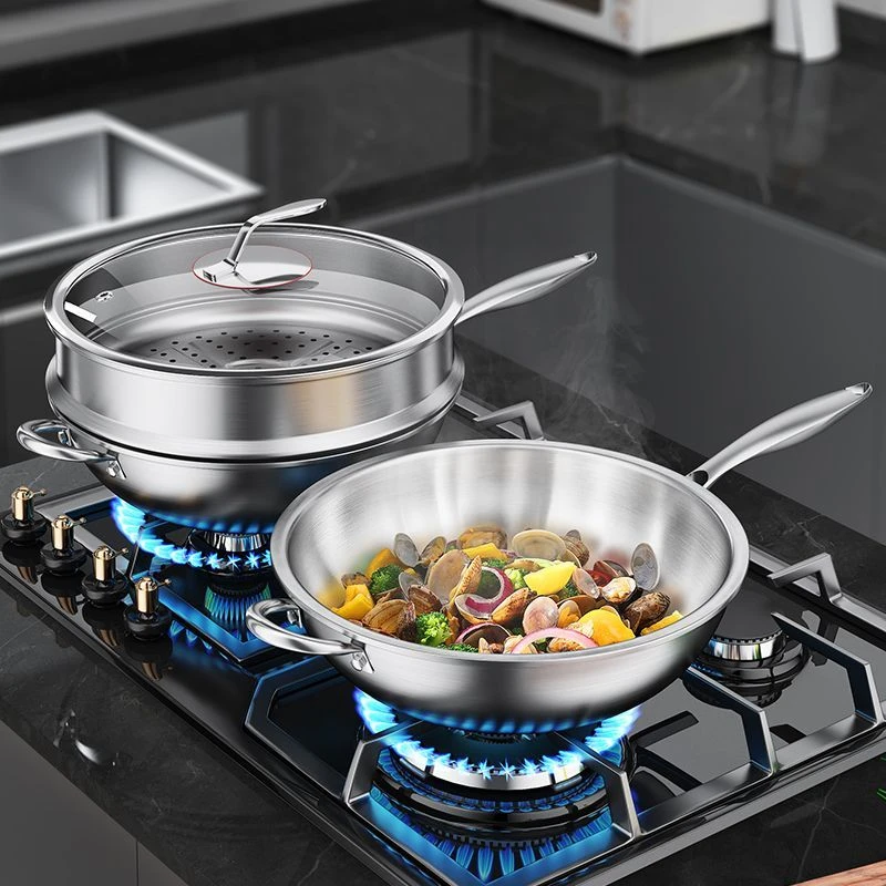 德国食品级316L不锈钢无涂层电磁炉燃气灶通用炒菜锅平底煎炒锅