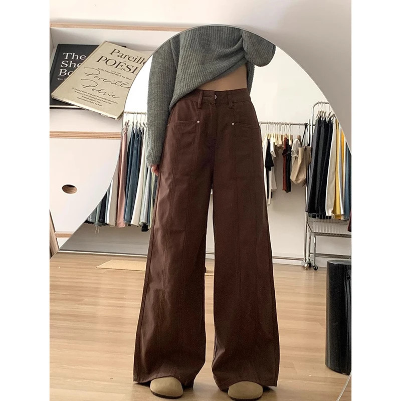 美式高街棕色工装牛仔裤女春夏2025新款休闲宽松显瘦阔腿拖地裤