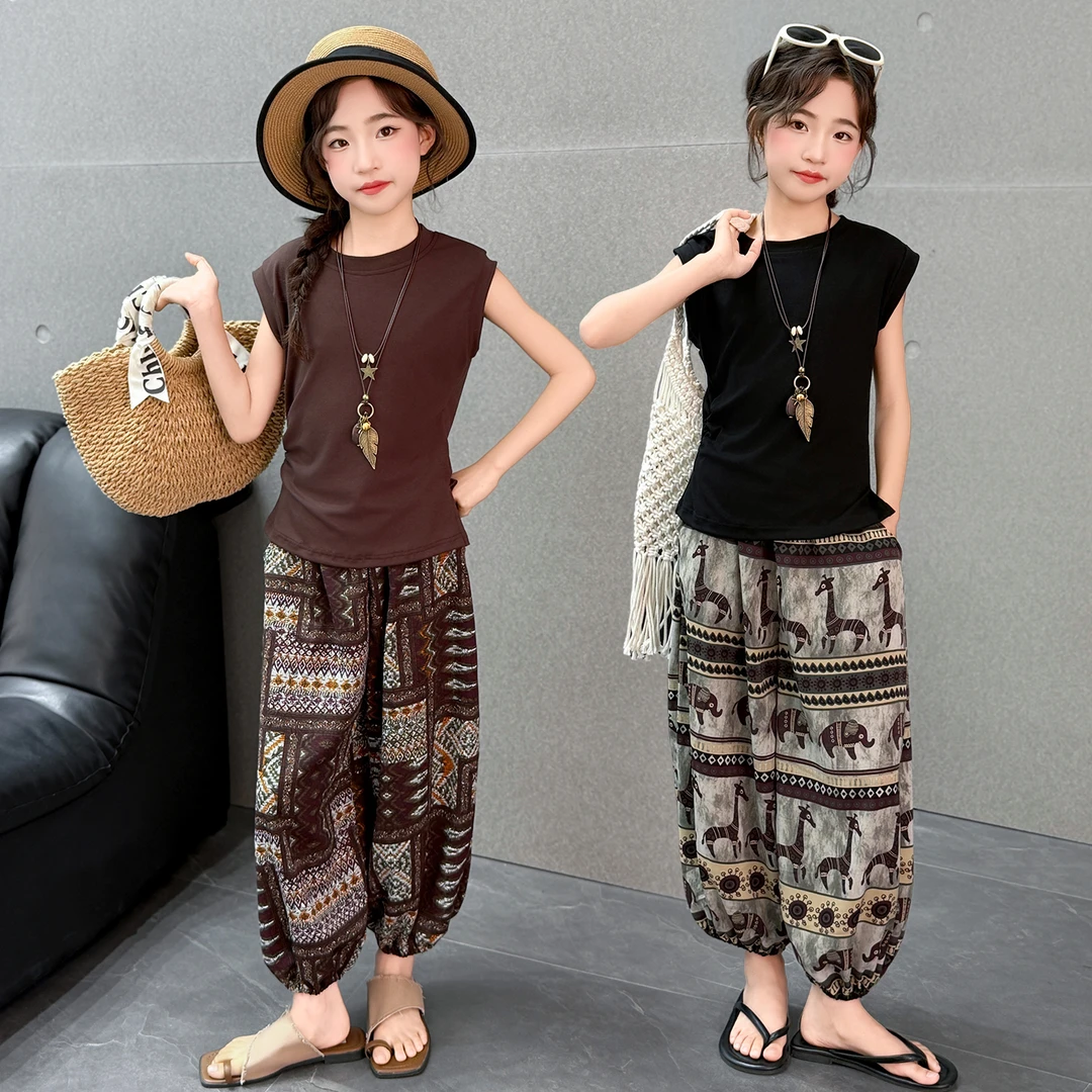 2025女童夏季休闲风无袖复古九分灯笼裤套装中大童宽松舒适个性