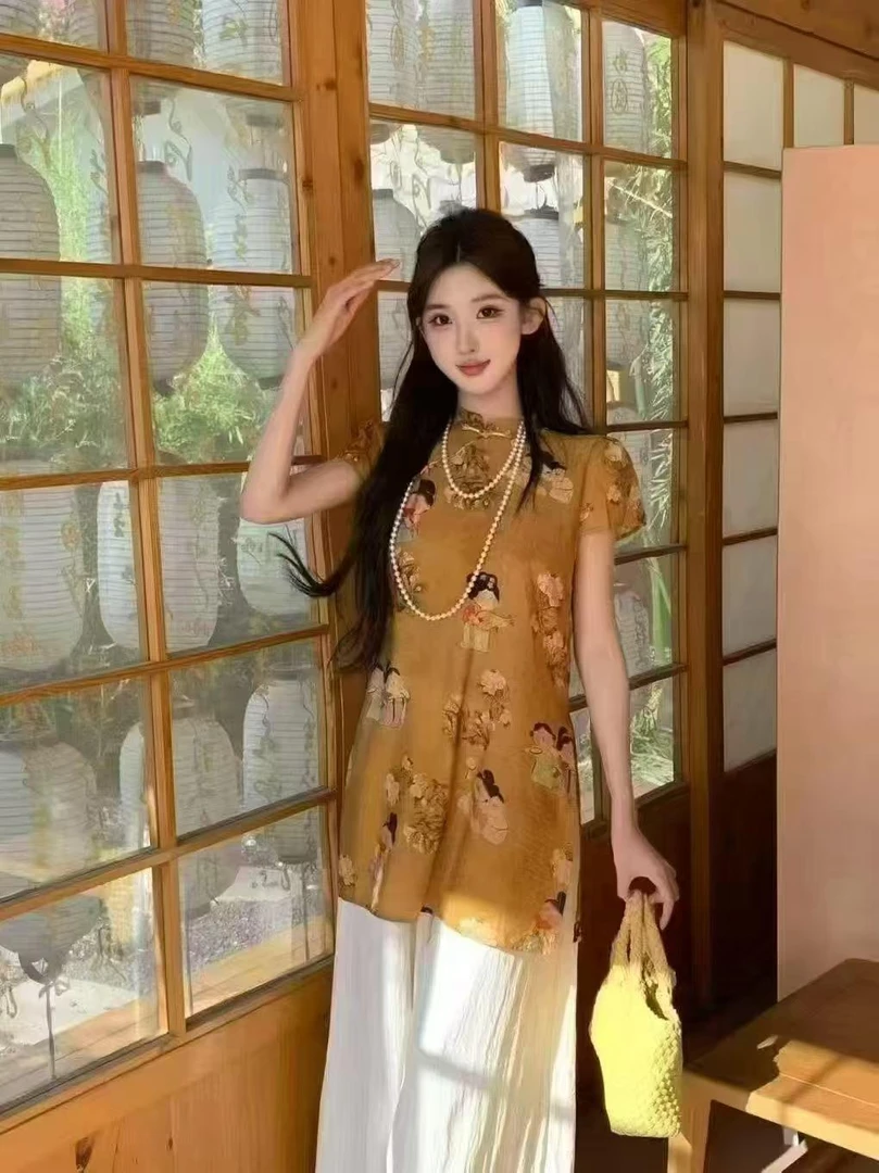 25072新中式时尚中国风气质宽松背心连衣裙时尚重工复古印花网红