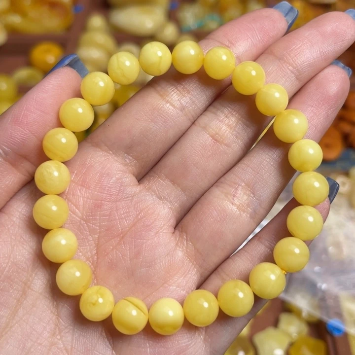 琥珀未镶嵌裸石-076天然蜜蜡黄白满蜡圆珠手串微微瑕卡7+