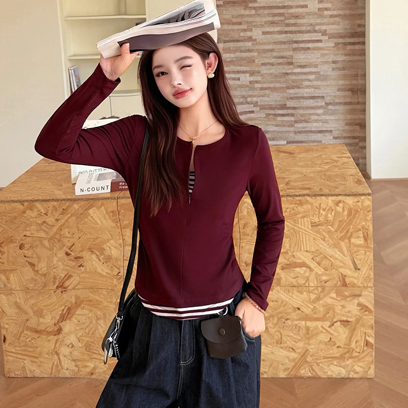 打底衫拉链百搭辣妹风长袖T恤女2025秋季新款修身显瘦假两件小衫