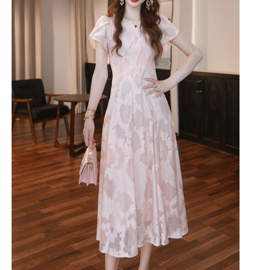 中长裙A字裙圆领修身连衣裙气质小个子设计感45202