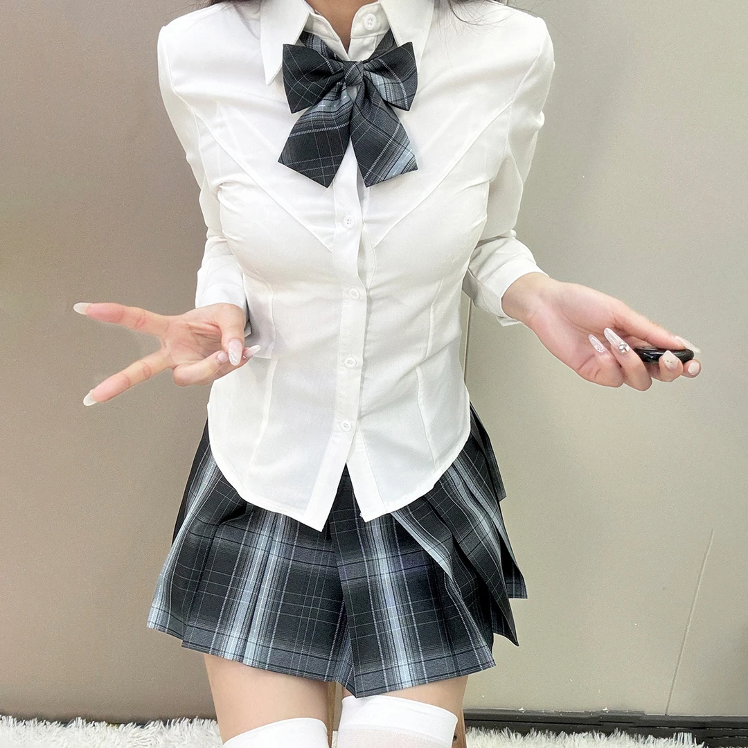 十一封信/正版jk收腰衬衫女长短袖上衣V领纯欲辣妹风衬衫春夏修身