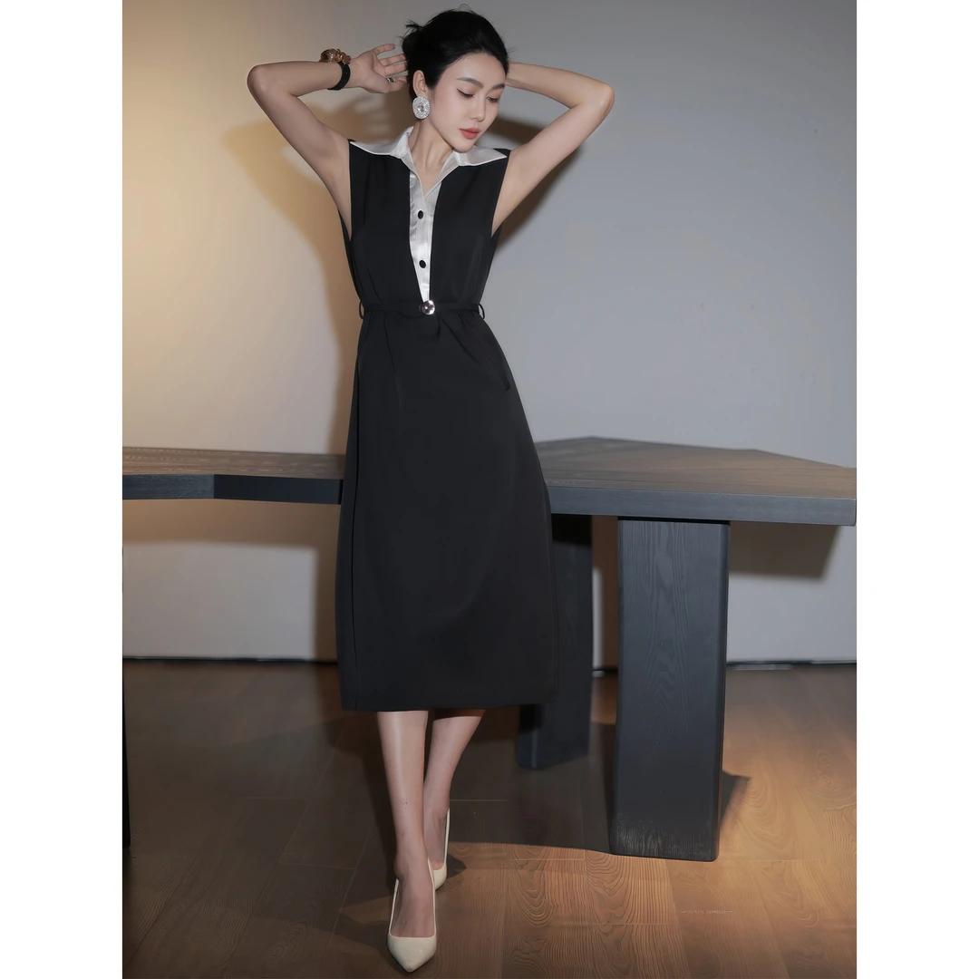 M091 法式高端精致连衣裙春季名媛气质撞色领系带修身马甲裙