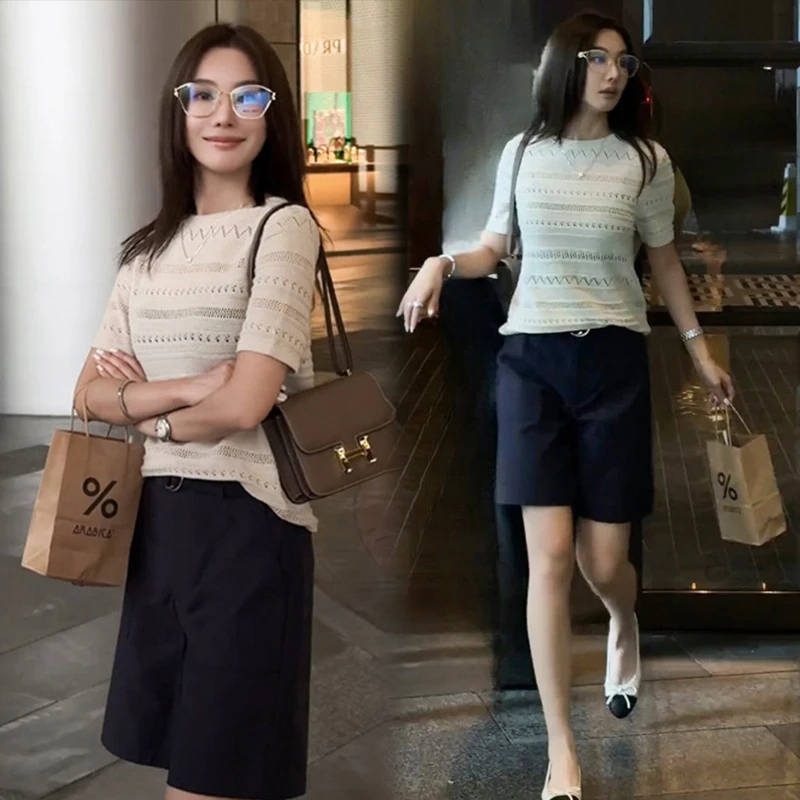 设计感薄款镂空肌理短袖t恤女2025夏季新款时尚休闲显瘦短裤两件