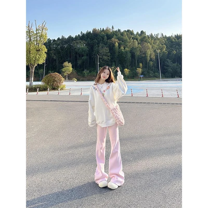 粉色加绒微喇休闲裤女冬季2024新款高腰显瘦保暖垂感运动阔腿卫裤