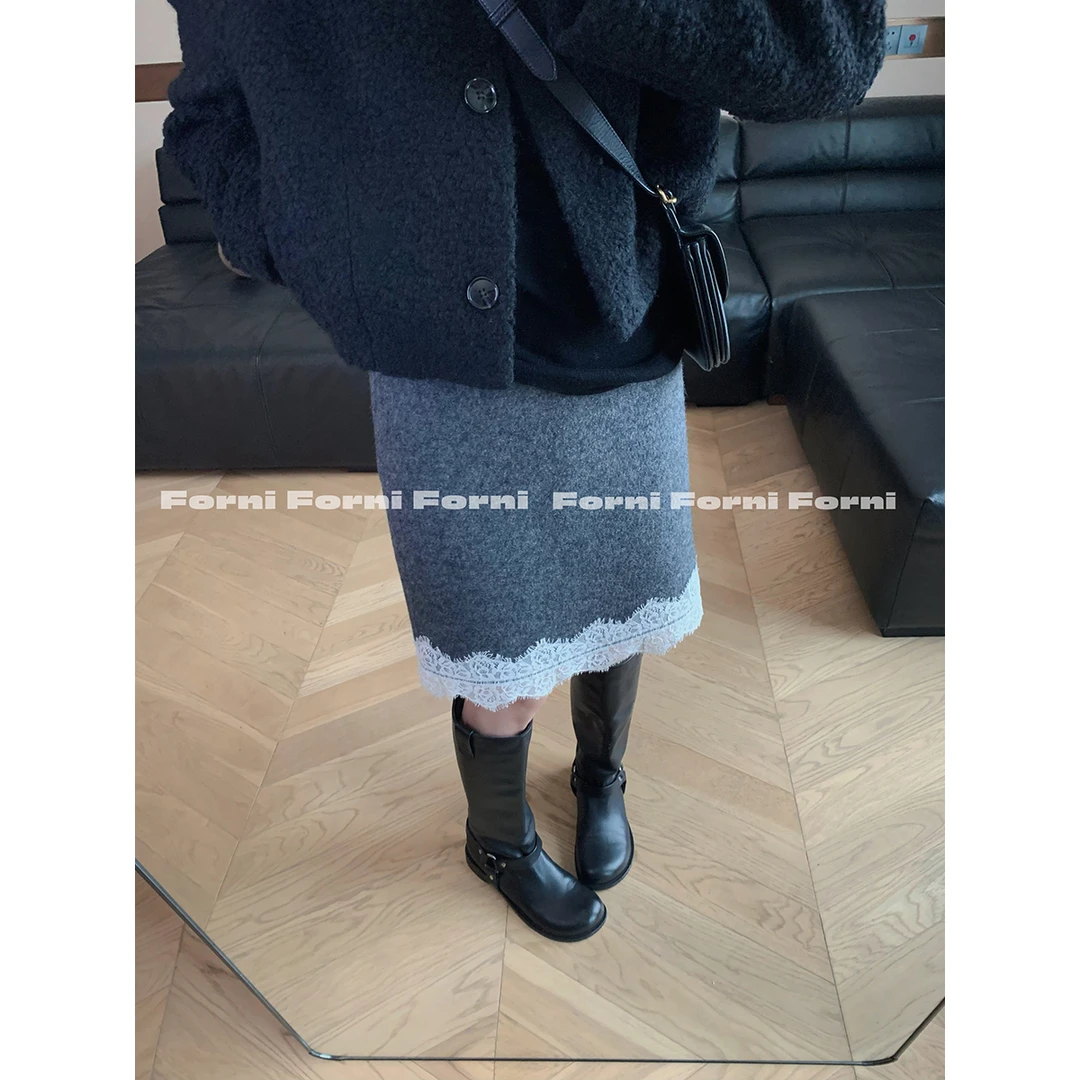 FORNI 小步舞曲 拼蕾丝摆半身裙绵羊毛显瘦百搭气质短裙