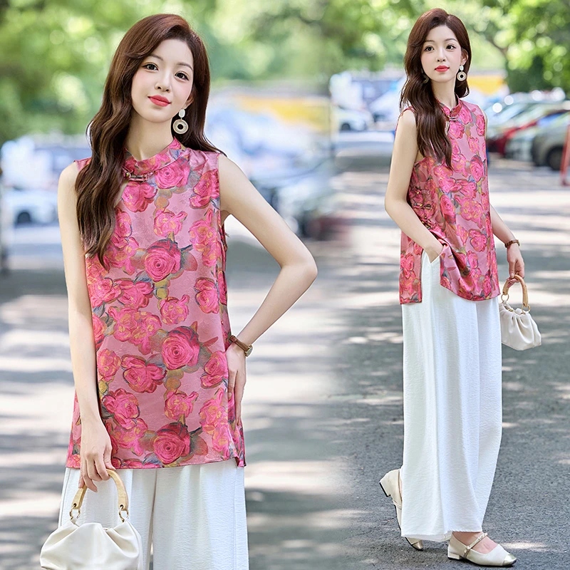 新中式国风时尚印花马甲套装女2025夏季新款高级感复古显瘦两件套