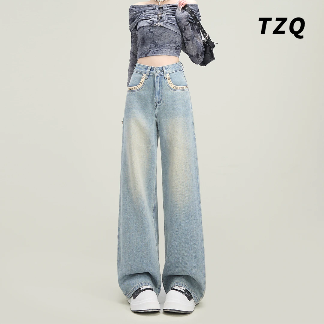 高腰时尚2025春秋浅蓝色牛仔裤女爆款显瘦宽松直筒裤子TZQ2510959