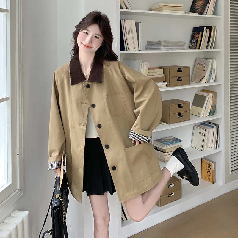 设计感撞色翻领工装外套女2025春季新款卡其色中长款宽松时尚风衣