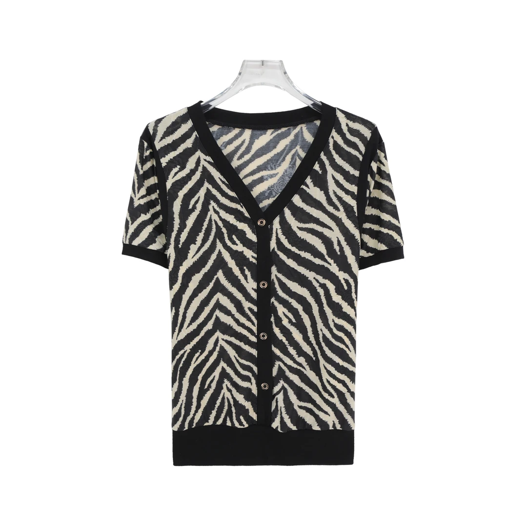 X26386  假开衫黑白豹纹上衣百搭休闲t恤