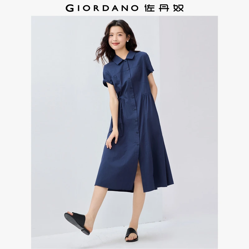 佐丹奴纯棉府绸连衣裙女装破骨收褶夏季翻领连衣裙 05465325