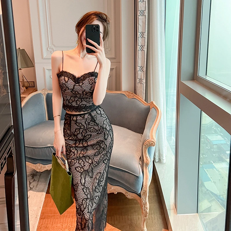 2024夏季新法式性感吊带短款上衣高腰修身半身裙蕾丝两件套20392