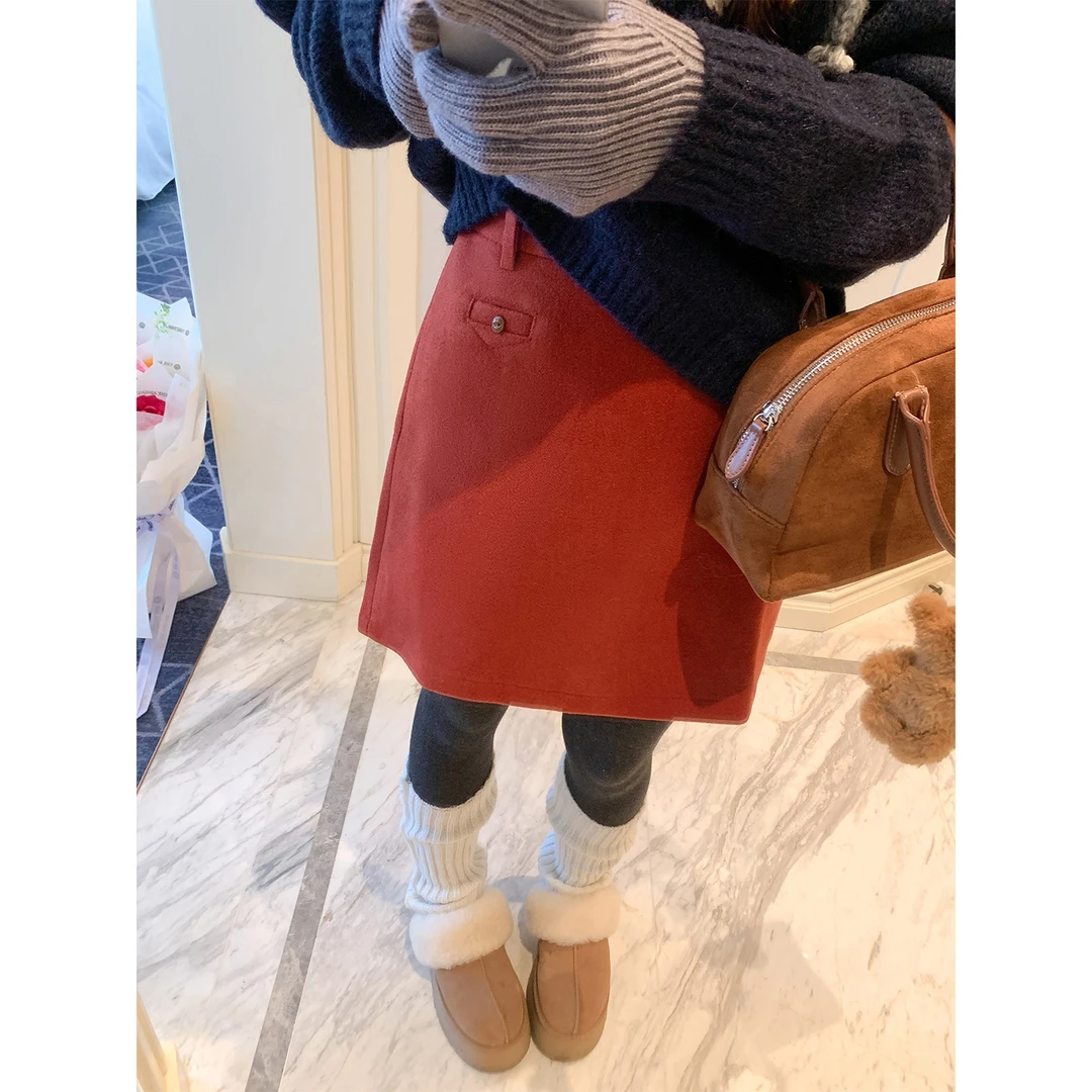 曾小咸 韩系复古红色毛呢半身裙女秋冬季百搭高腰a字裙显瘦短裙子
