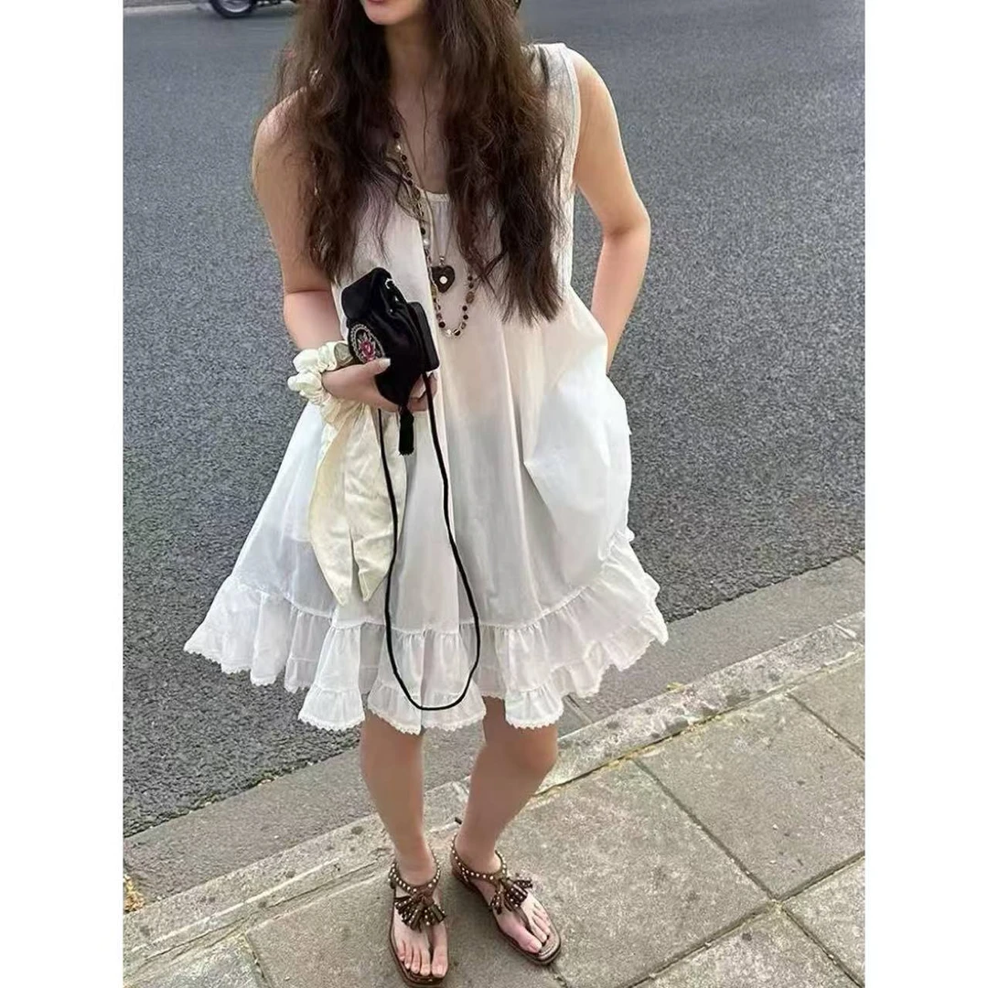 【TOMATO】夏季新款韩版无袖度假大摆荷叶边上衣#1116