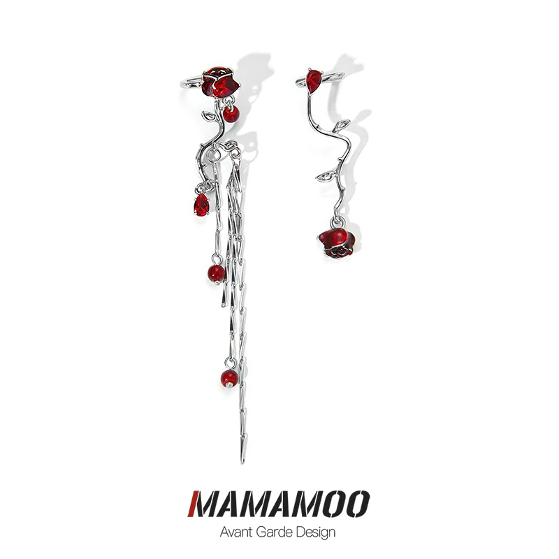 MAMAMOO 合金合成锆石耳饰 红玫瑰耳夹AB不对称小众时尚耳夹D014