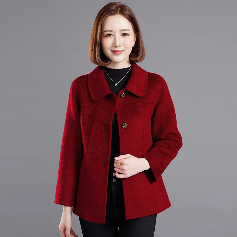 高端妈妈短款羊毛呢子大衣2025新款时尚中老年女双面绒外套婚宴装