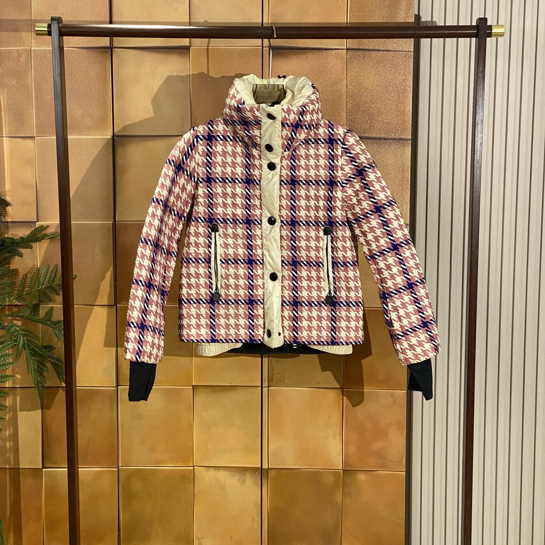 99新 MONCLER flaine千鸟格徽标logo滑雪线羽绒服/1码/99新/27567
