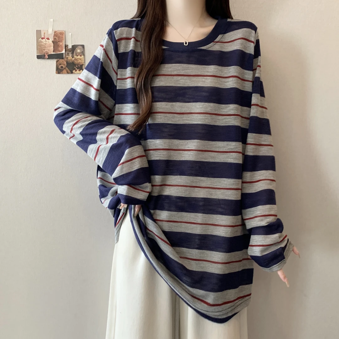 MO88ZSPF大码~早秋美式复古甜美条纹宽松大版叠穿圆领长袖上衣