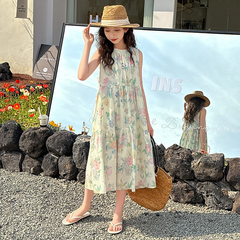 女童夏季连衣裙2025新款洋气时尚碎花吊带裙子6-12岁中大童公主裙