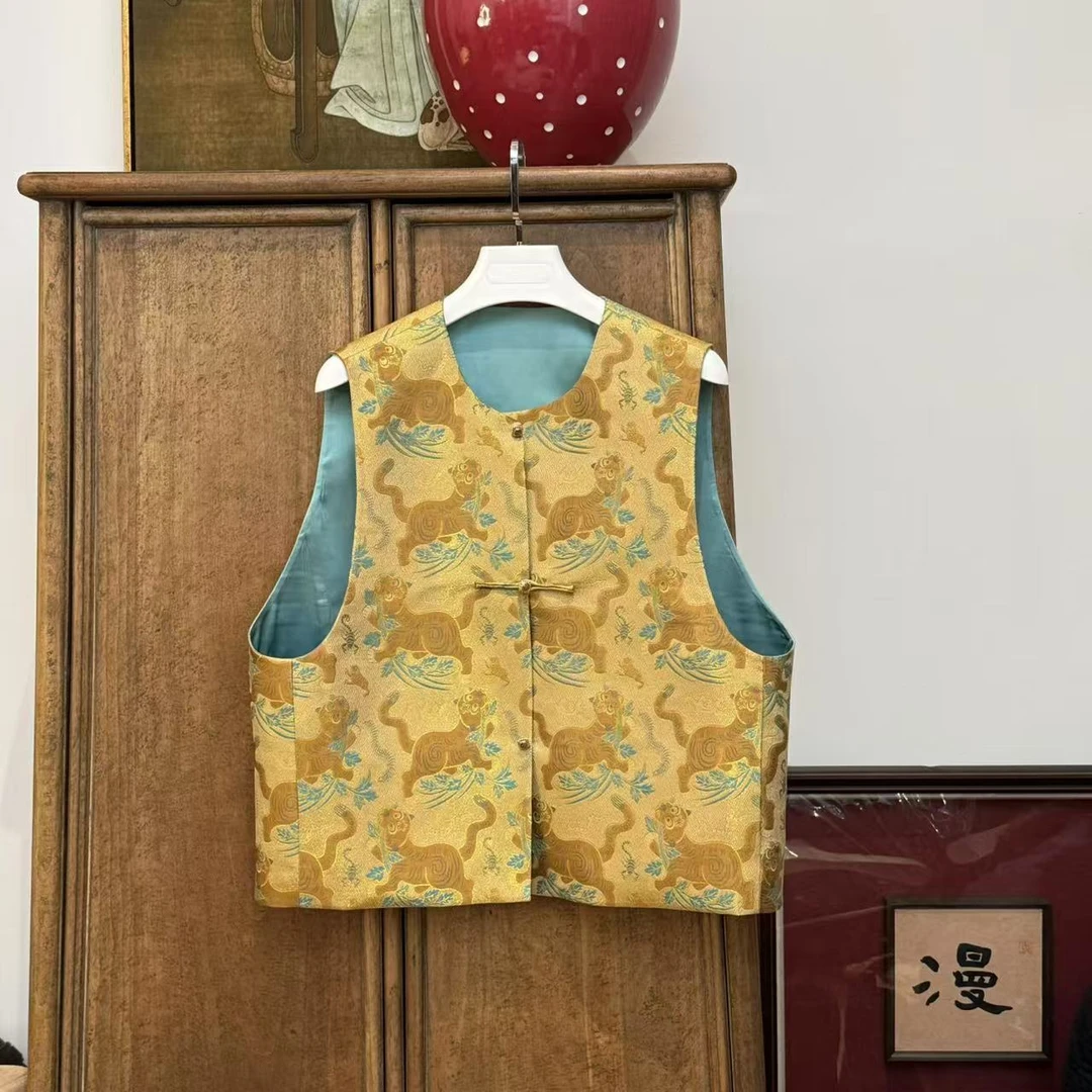 MYL2025春季新款钱小萍桑蚕丝五毒虎马甲三重纬织金两面穿马夹