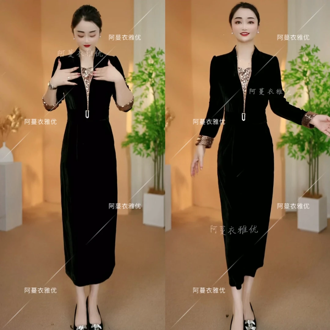 【衣雅严选】8174-2468#新款重磅植绒高克重气质显瘦半开领连衣裙