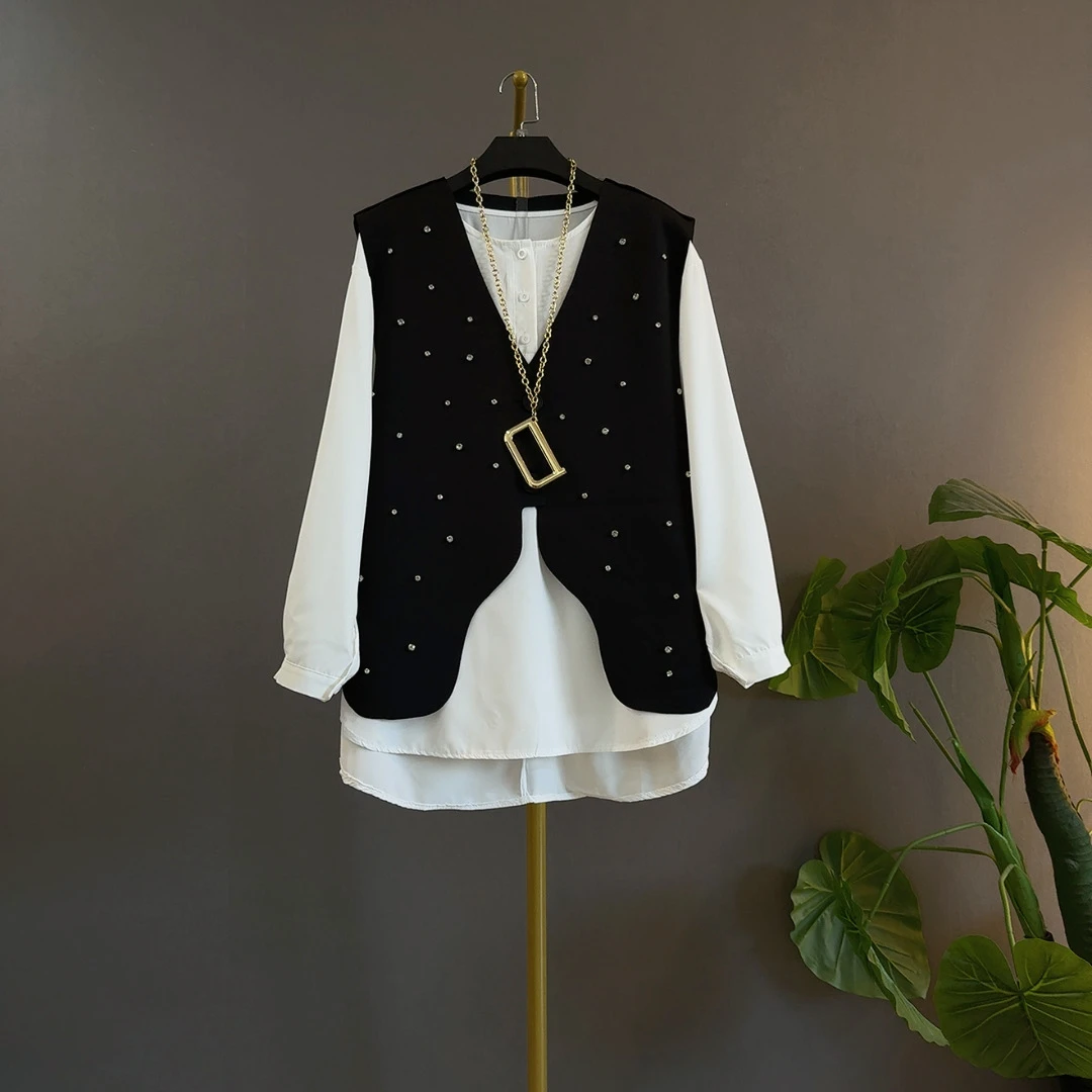 胖mm新款时尚钉珠马甲＋长袖衬衫宽松显瘦苹果型身材大码俩件套