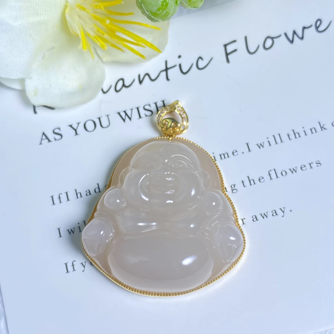 【央央好物珠宝馆】18K金和田玉藕粉佛公吊坠（多样性发一）