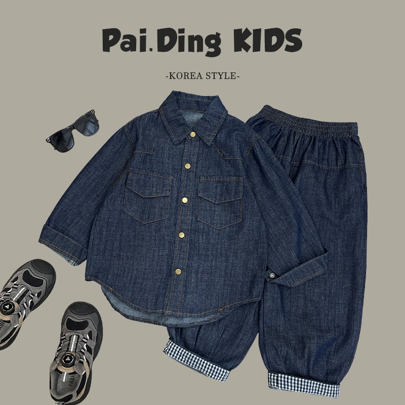 现货-【兔小呗】秋装儿童韩版时尚简设计宽松牛仔日常套装SJ5204