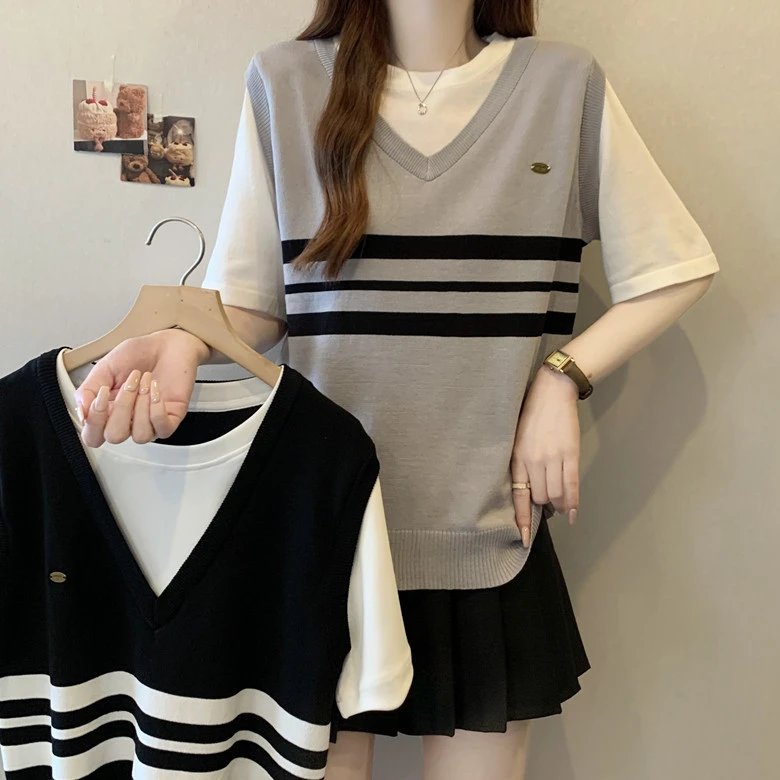 假两件拼接设计感条纹薄款冰丝针织衫上衣女夏季短袖宽松休闲T恤