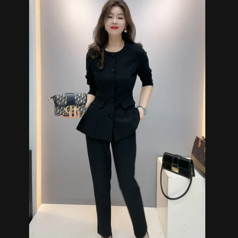 2025早春爆款时尚高雅气质减龄显瘦圆领对襟长袖上衣裤子女士套装