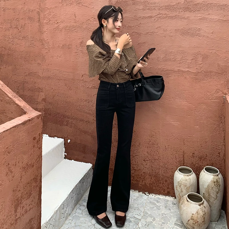 早秋新款复古高腰微喇牛仔裤女弹力显瘦修身喇叭裤