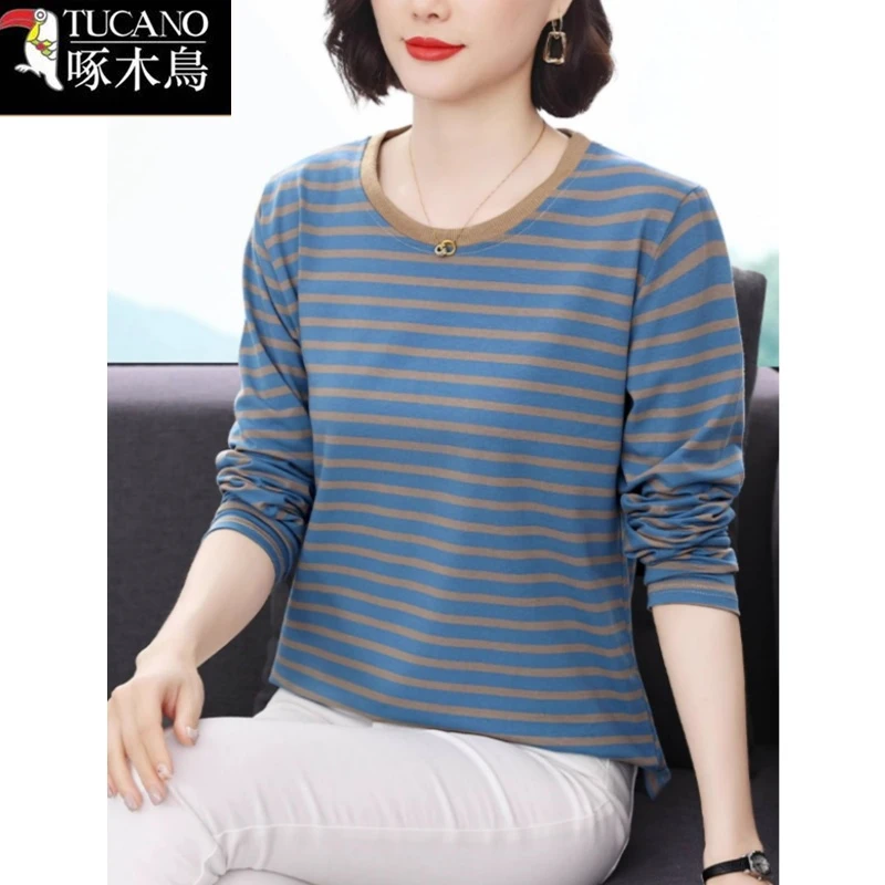 啄木鸟新款条纹拼色圆领长袖T恤2025年春秋显瘦减龄休闲百搭上衣