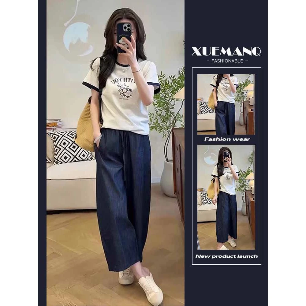 夏日绝美套装穿搭高级感时尚印花T恤女阔腿显瘦九分牛仔裤两件套