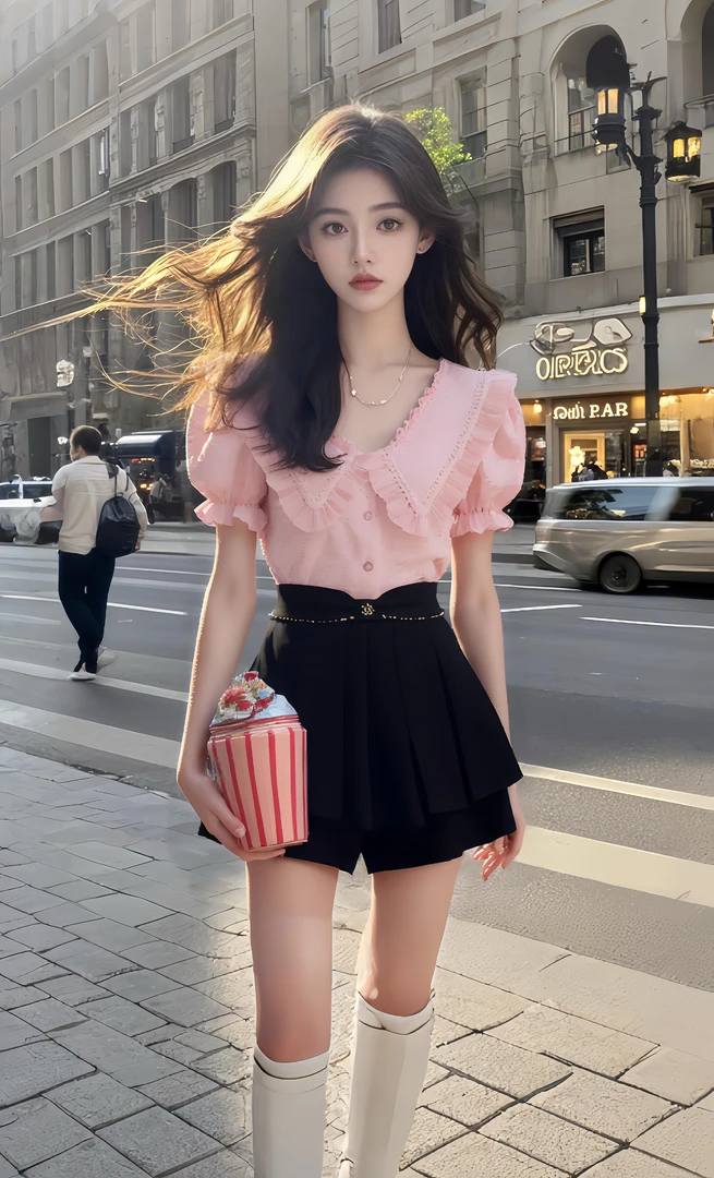 夏季新款甜美少女风粉色V领短袖上衣+黑色百搭显瘦裤裙两件套女