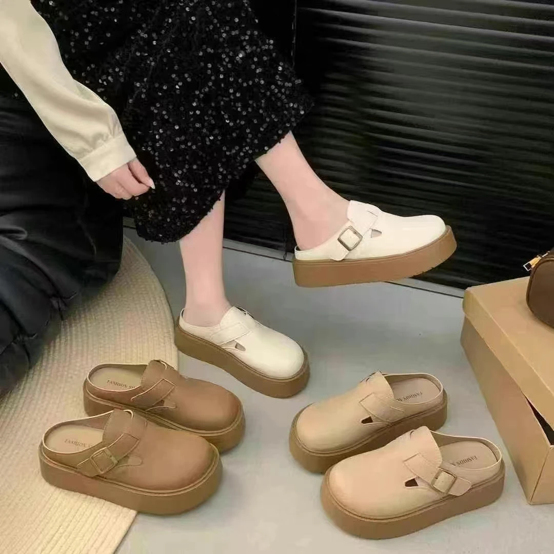 116-2勃肯鞋女2025新款春秋包头半拖鞋一脚蹬女鞋厚底通勤博肯鞋